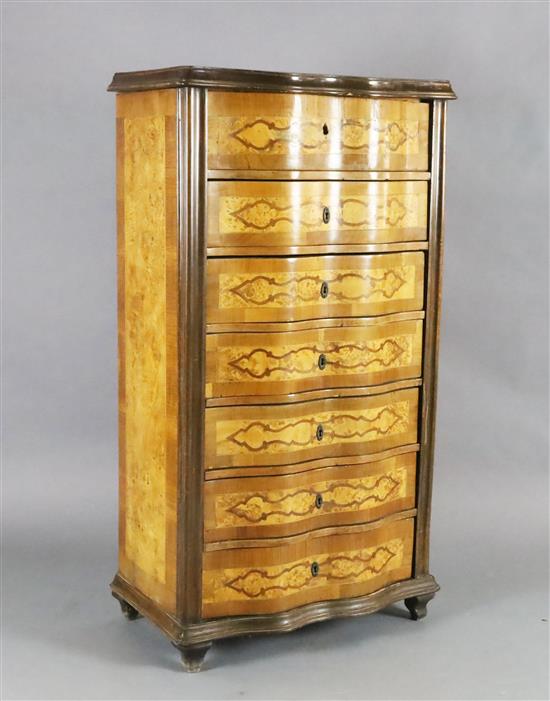 An early 20th century French rosewood and marquetry semanier, W.2ft 5in. D.1ft 6in. H.4ft 5in.